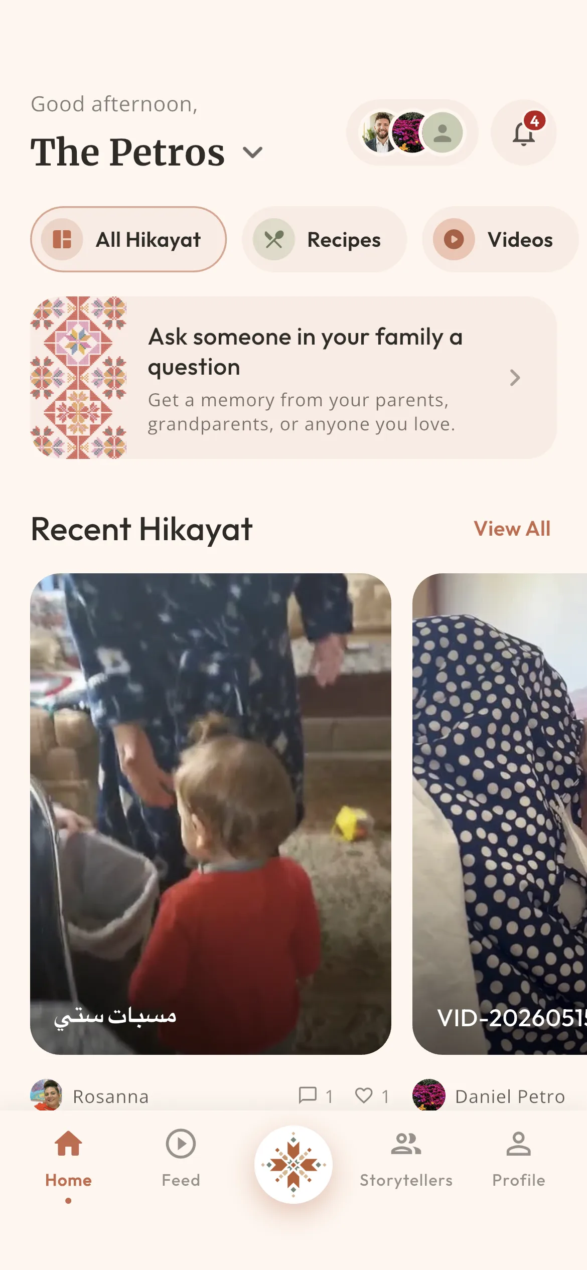 Hikayatna app home screen with recent Hikayat and family story prompts