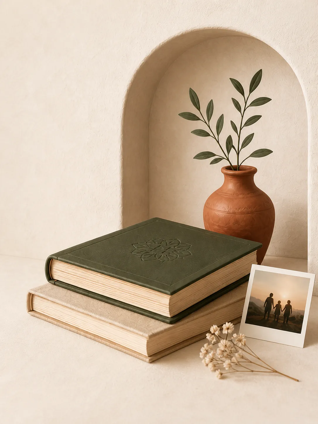 Olive vase and family archive books