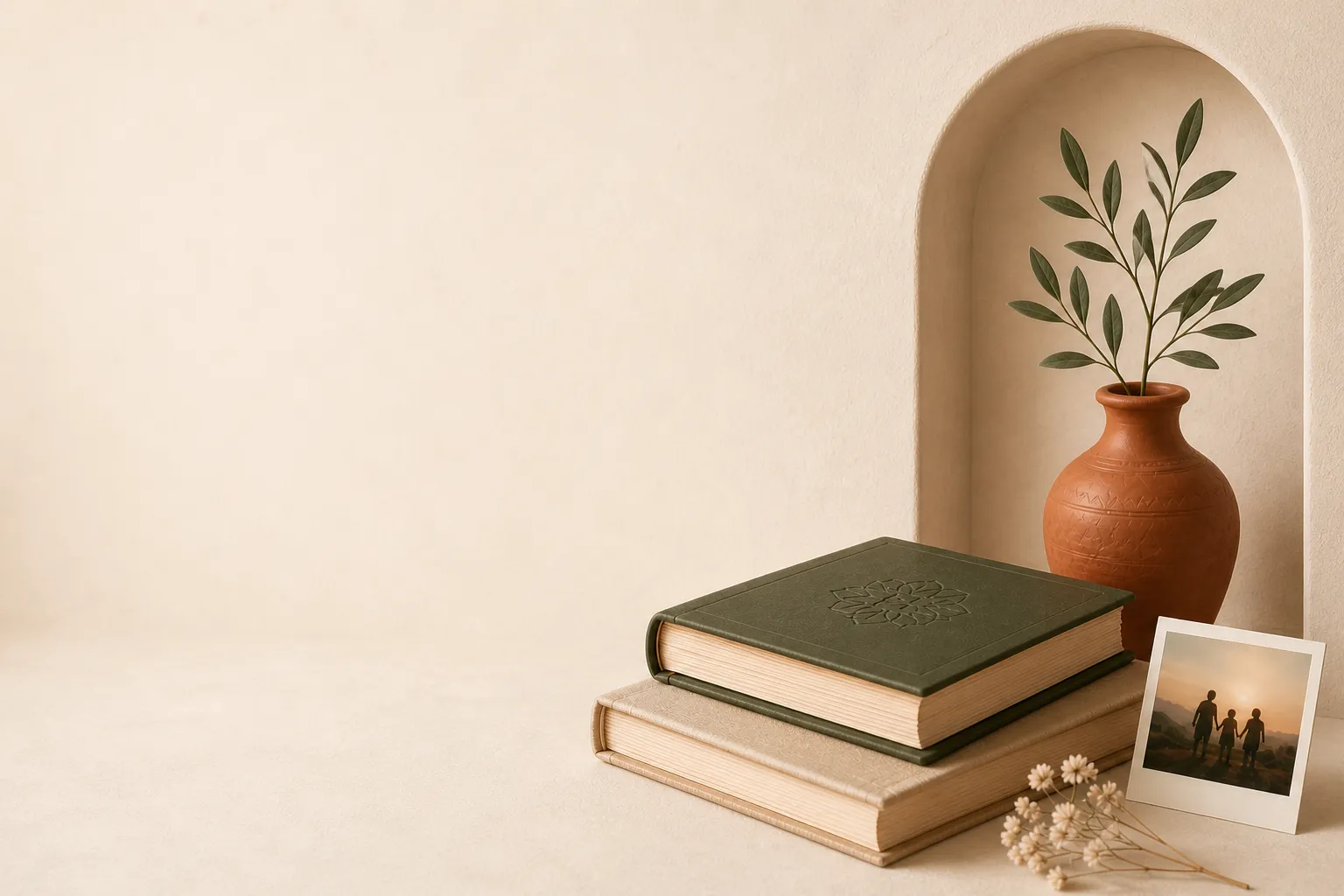 Olive vase and keepsake books